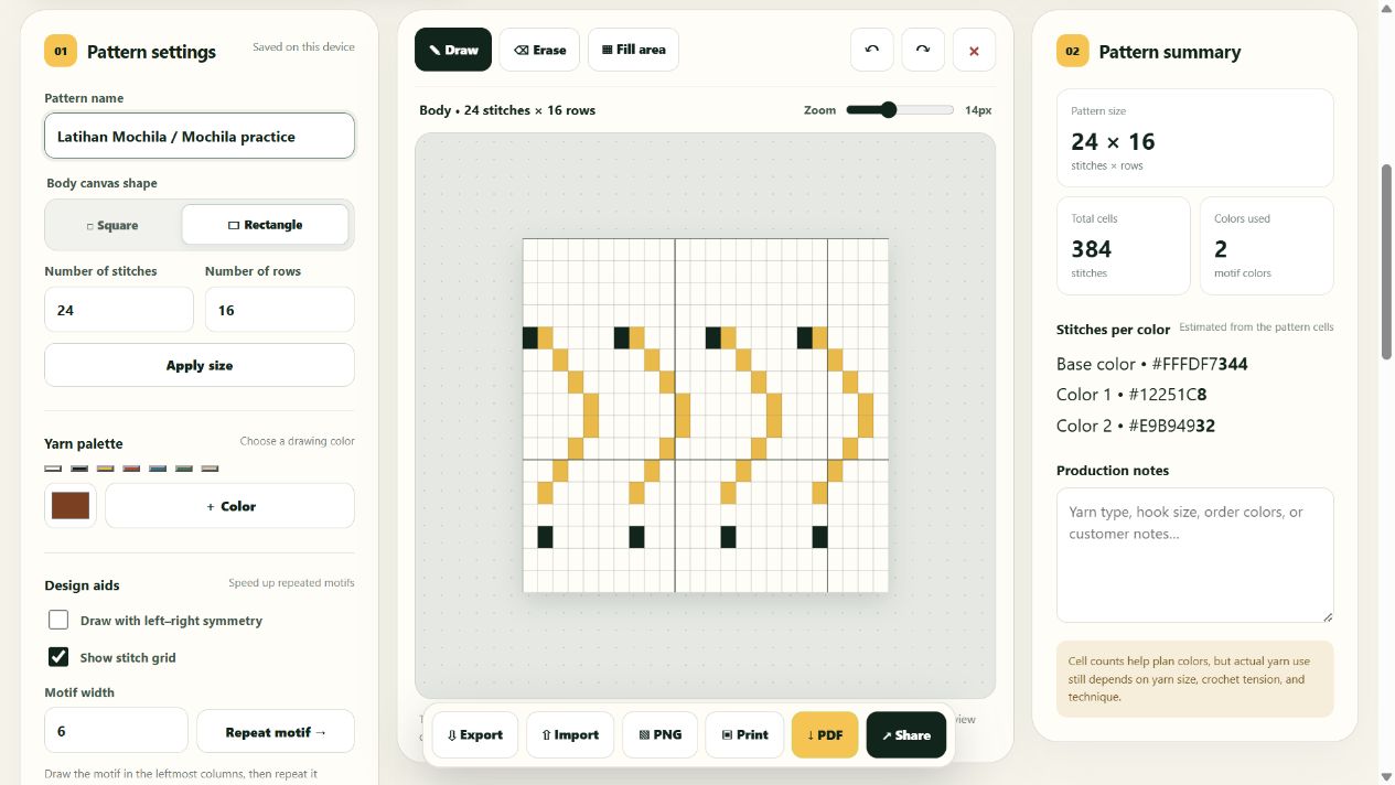 English body editor showing a 24 by 16 canvas, a repeating two-color motif and a total of 384 cells.