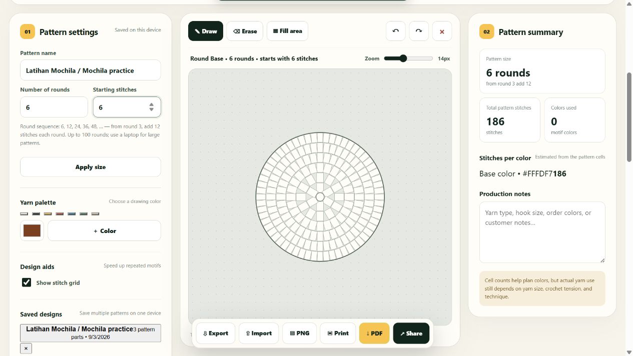 English round-base editor showing six rounds, six starting stitches and 186 total stitches.